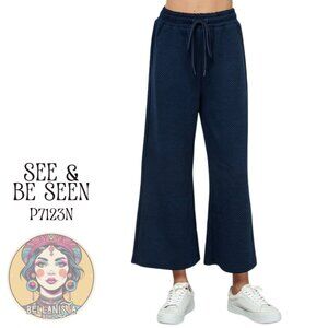 P7123N SEE & BE SEEN Navy Textured Cropped Stretch Wide Leg Pants